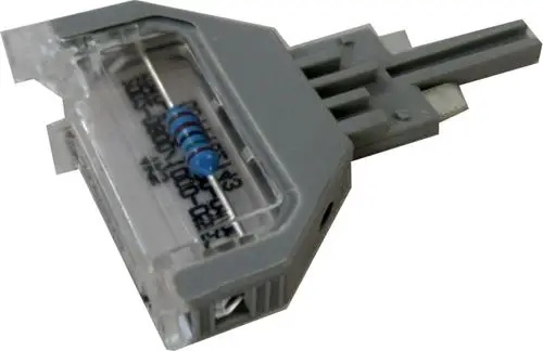 Parameterstecker der Marke Wolf mit transparentem Gehäuse und Widerstandselement. Der Stecker dient zur Anschluss- und Parameterkonfiguration.